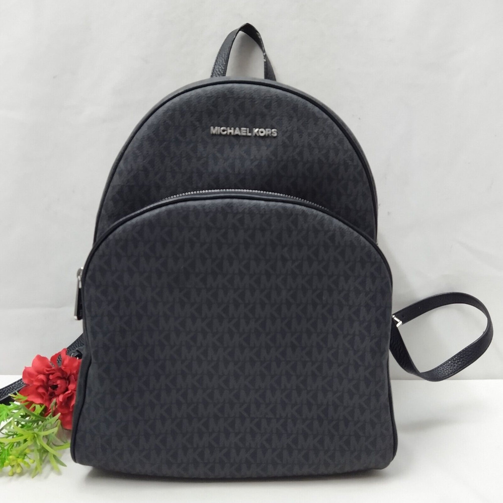 Michael Kors Black Coated Canvas Leather Trim MK Printed Zipper Backpack